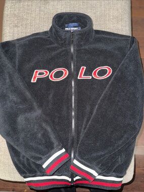 Vintage Polo Sport Black Fleece Zip-Up Jacket with Red & White Accents